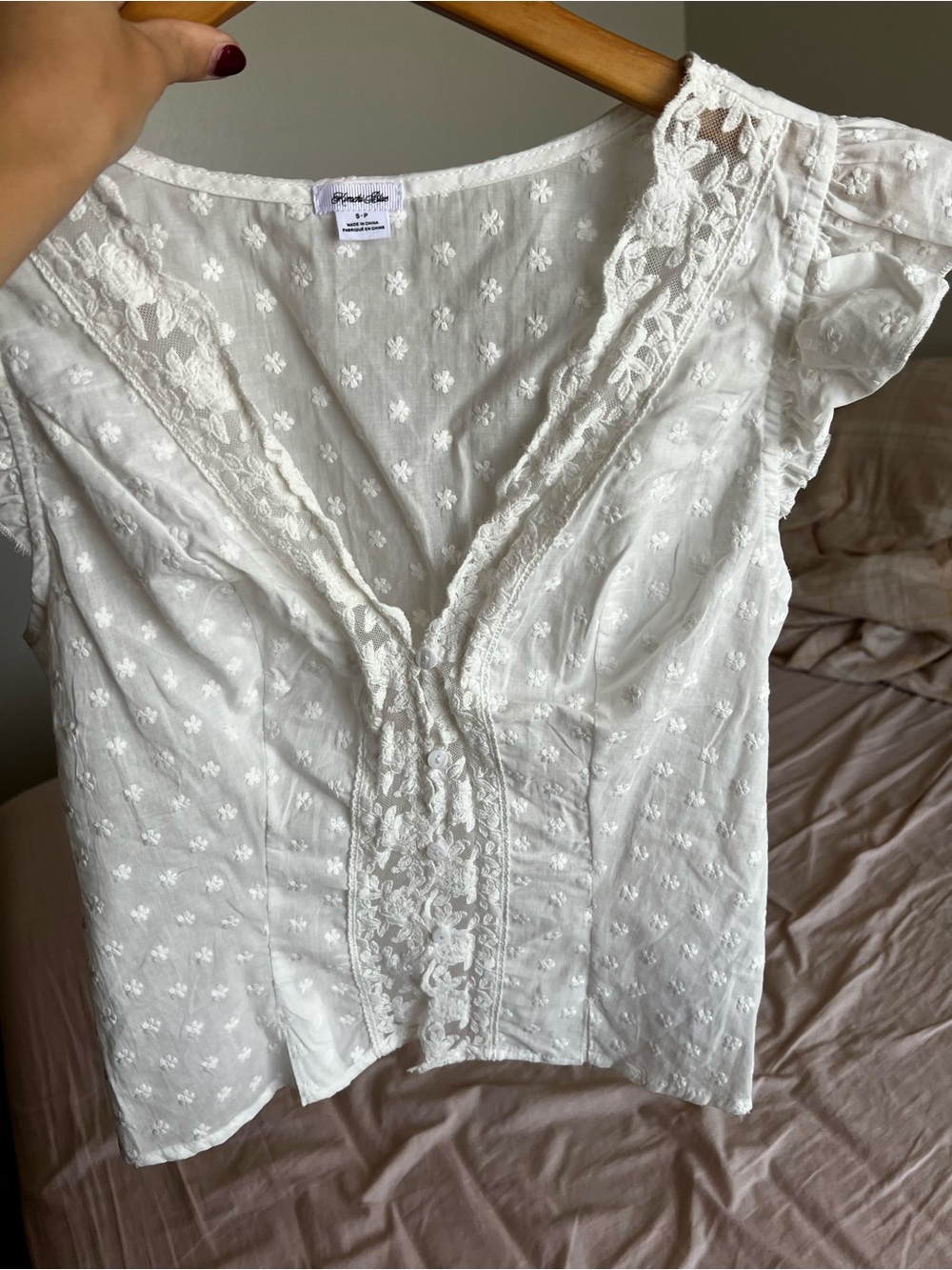 Kimchi Blue White Eyelet V-Neck Blouse with Lace Trim